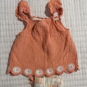 Peach Girls' Sleeveless Ruffle Strap Top with Daisy Trim & Pants Set
